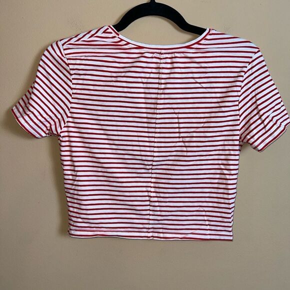 Zara Size Large Cream & Red Striped Short Sleeve Cropped‎ Shirt - Picture 5 of 5